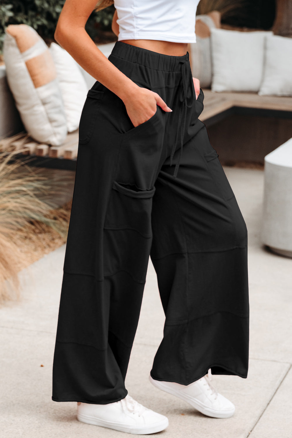100% Cotton Black Exposed Seam Drawstring Elastic Waistband Wide Leg Pants
