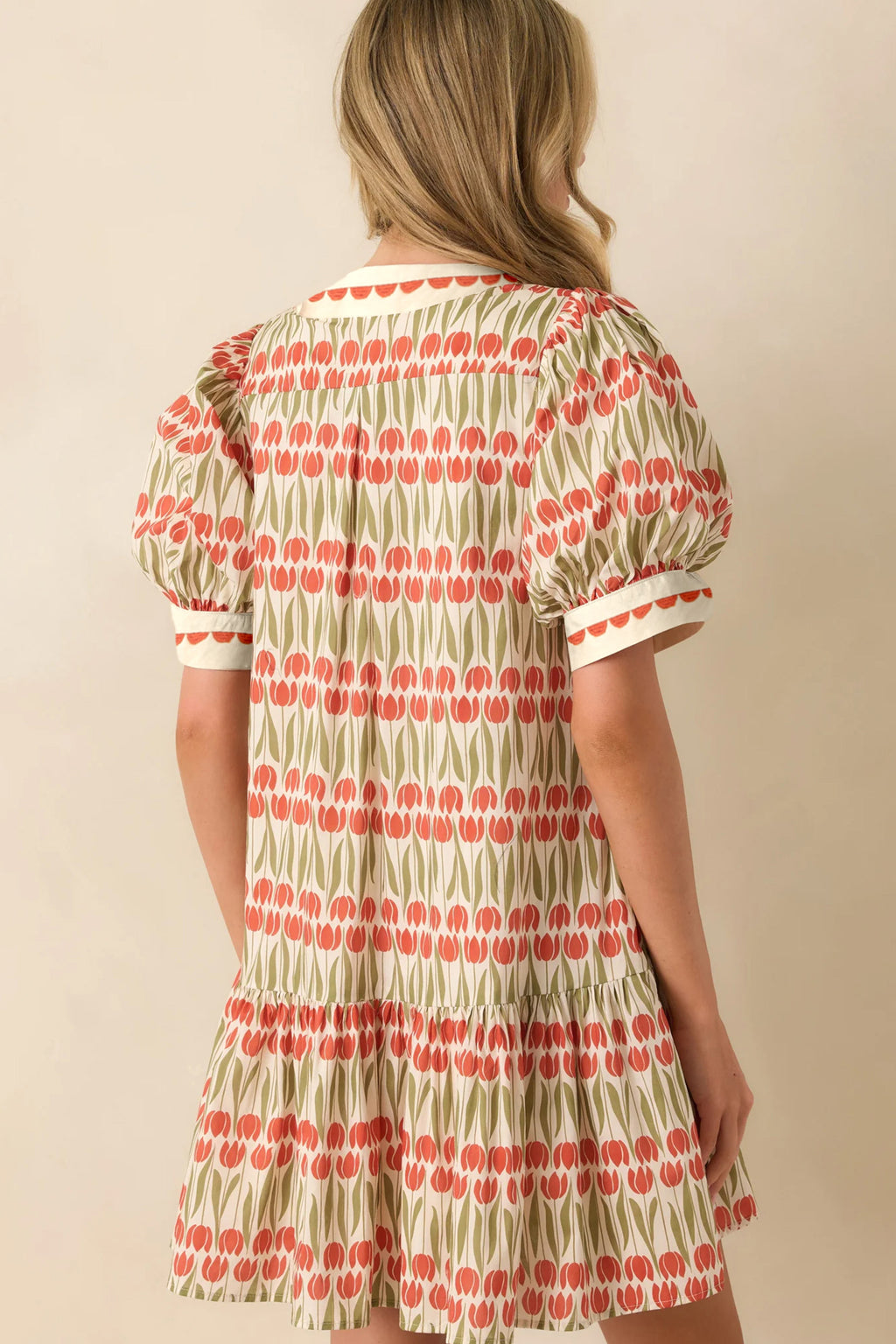 100% Cotton White Tulip Floral Print Puff Sleeve Mini Dress