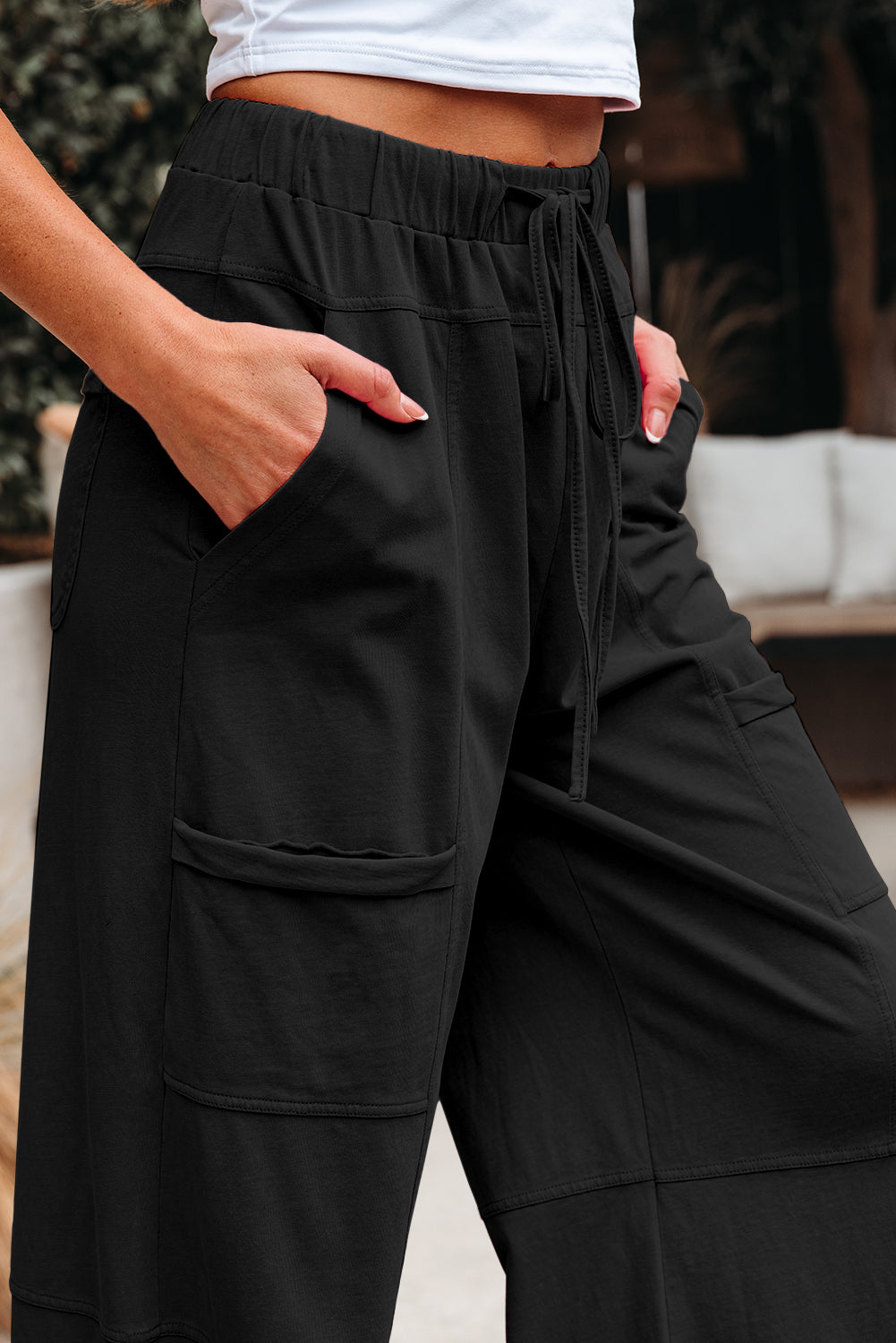 100% Cotton Black Exposed Seam Drawstring Elastic Waistband Wide Leg Pants