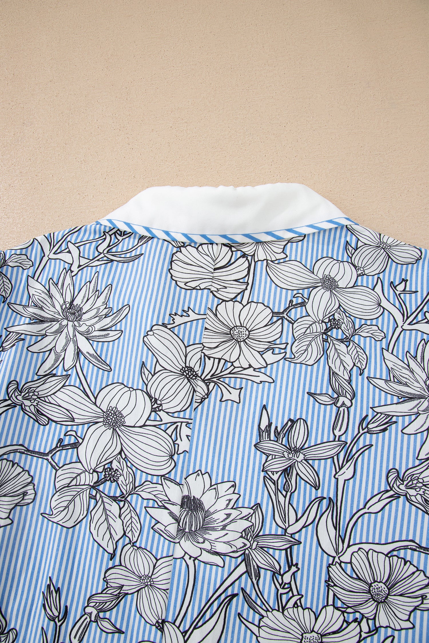 Sky Blue Floral Striped Polo Collar Short Sleeve Stretchy/Cotton Blouse