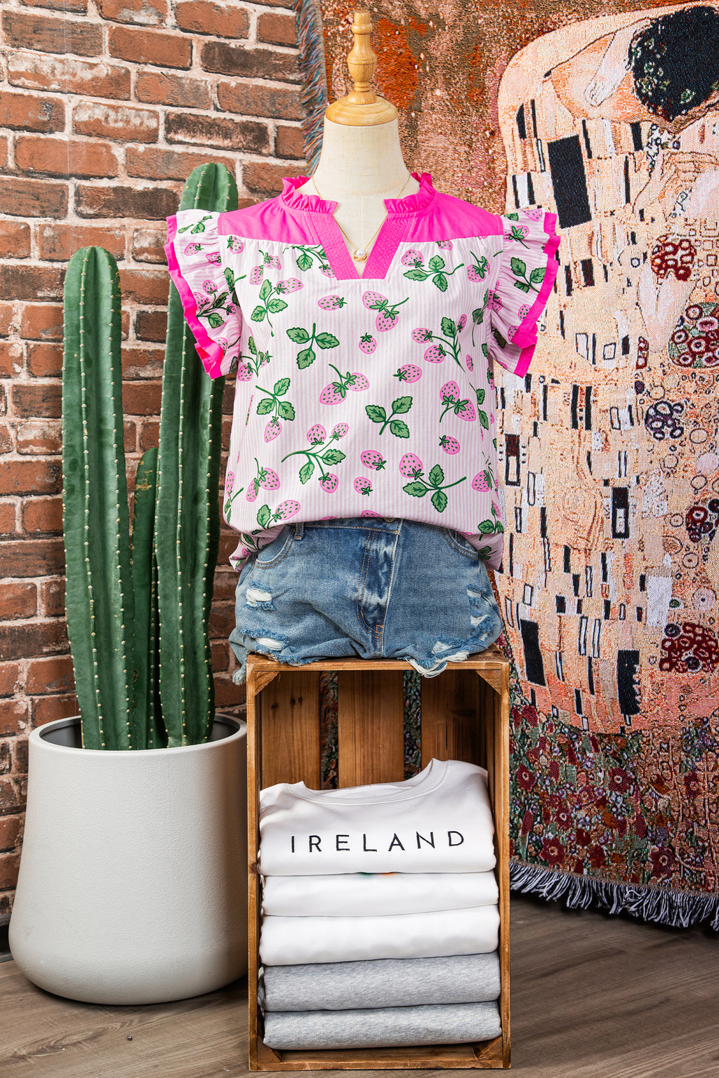 Cotton Blend Pink Striped Strawberry Printed Color Block Patchwork V Neck Flutter Sleeve Blouse