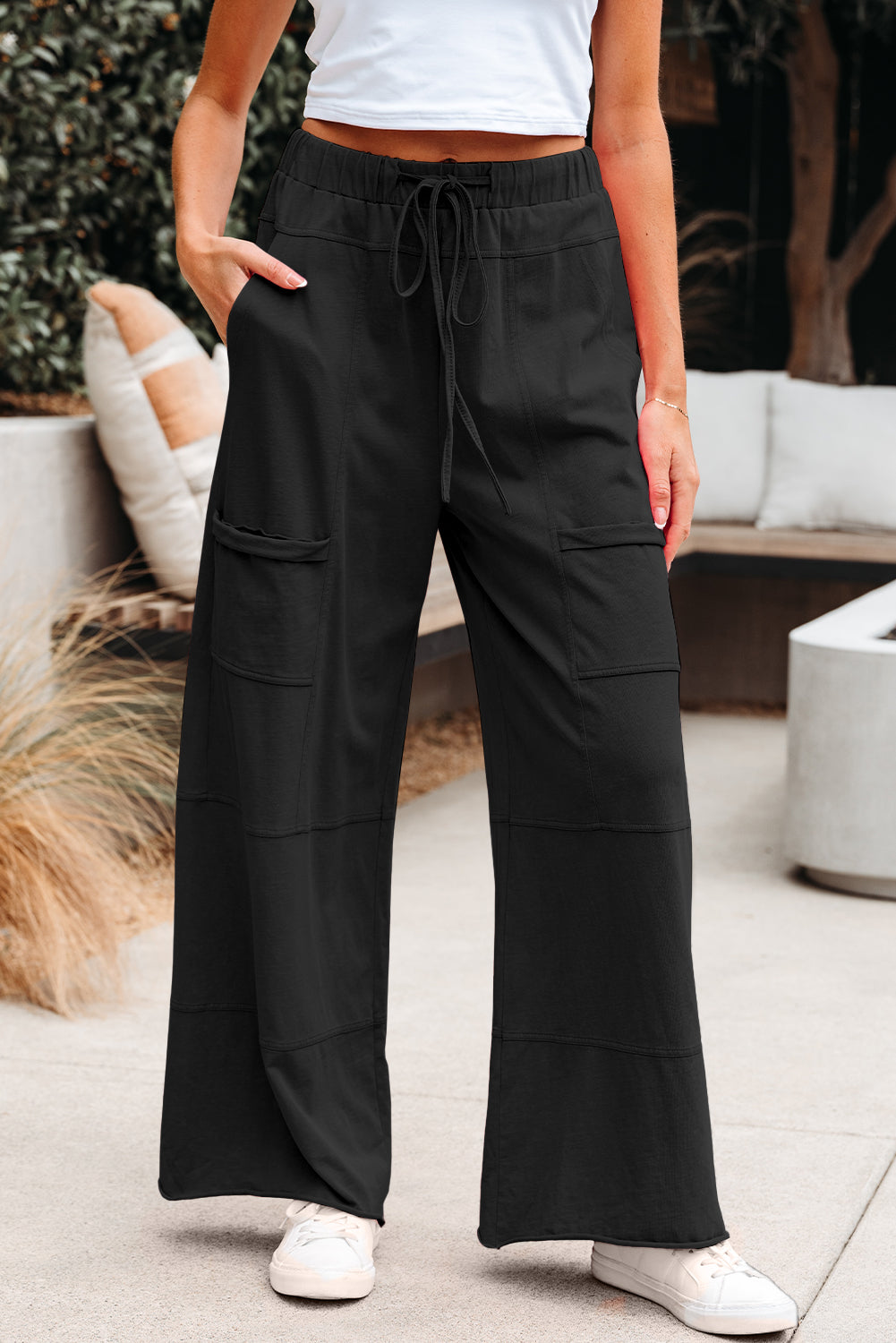 100% Cotton Black Exposed Seam Drawstring Elastic Waistband Wide Leg Pants