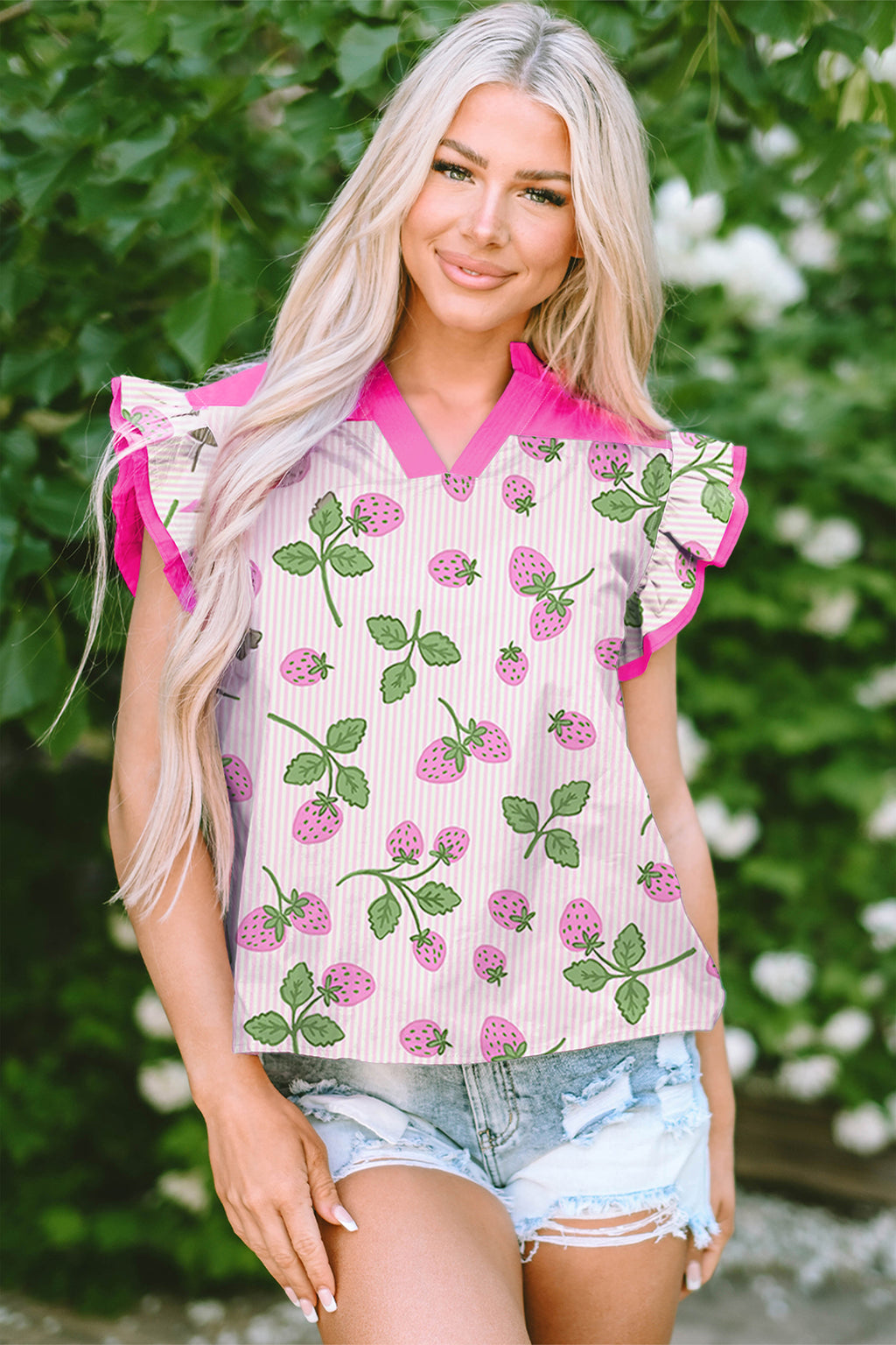 Cotton Blend Pink Striped Strawberry Printed Color Block Patchwork V Neck Flutter Sleeve Blouse