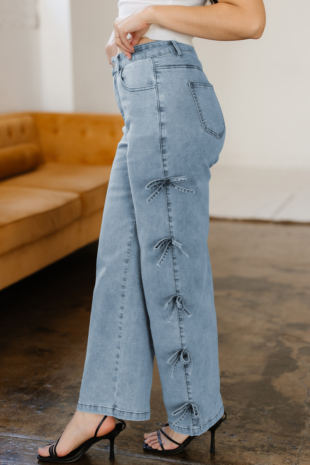 98% Cotton Beau Blue Bow Knot Side Detail Straight Leg Loose Jeans