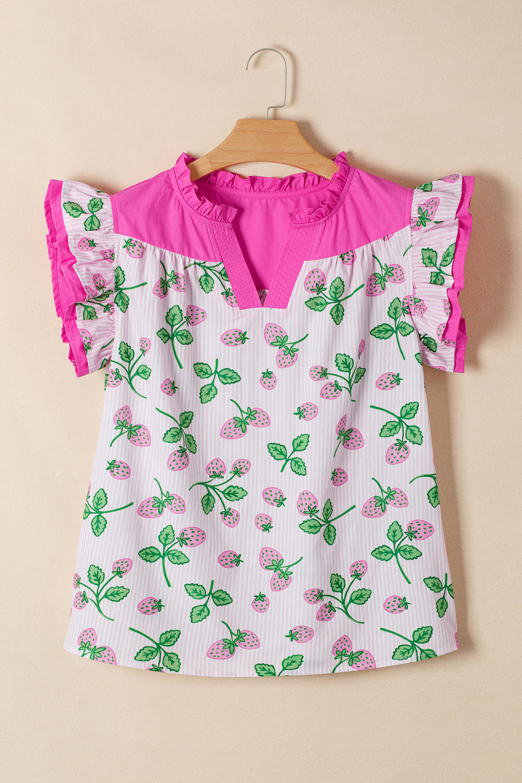 Cotton Blend Pink Striped Strawberry Printed Color Block Patchwork V Neck Flutter Sleeve Blouse
