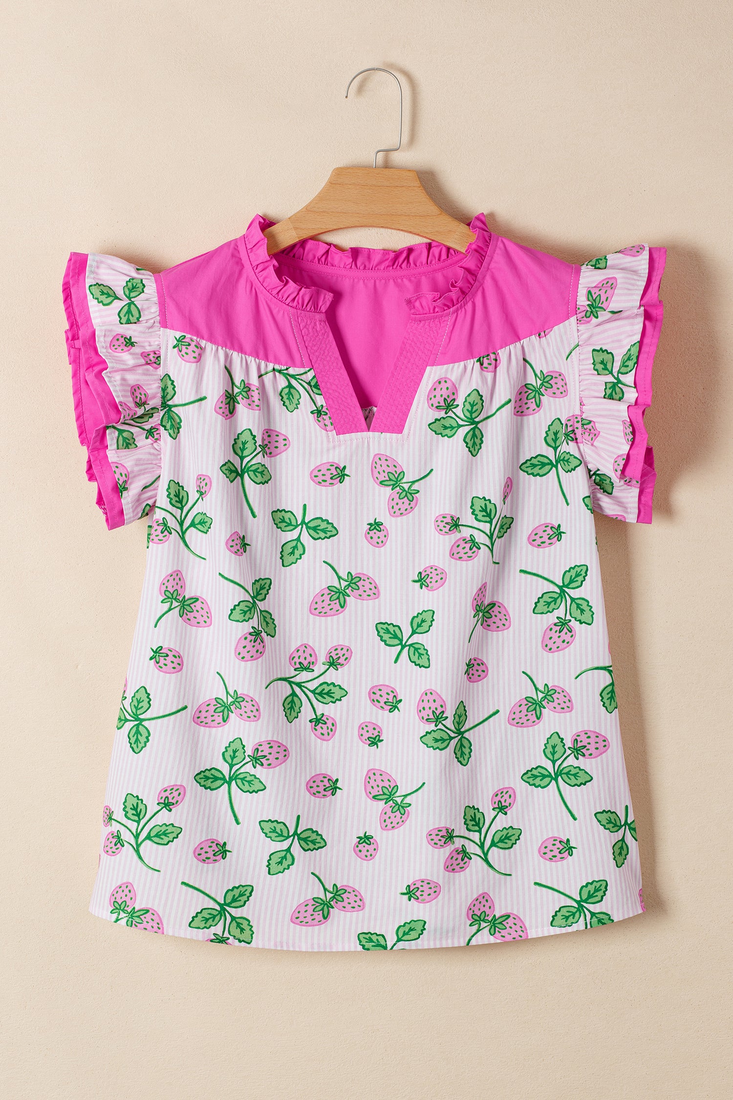 Cotton Blend Pink Striped Strawberry Printed Color Block Patchwork V Neck Flutter Sleeve Blouse