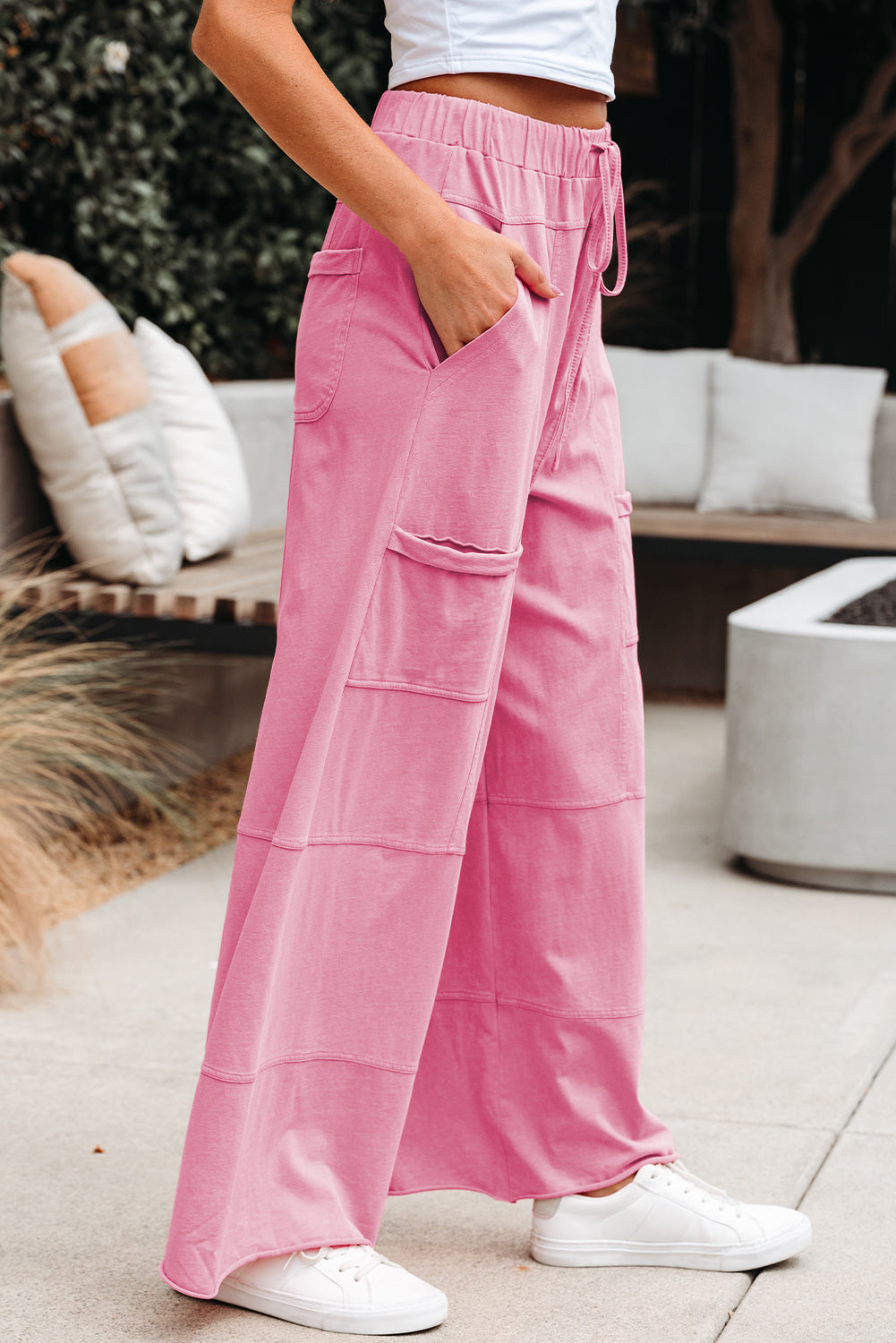 100% Cotton Bonbon Exposed Seam Drawstring Elastic Wide Leg Pants