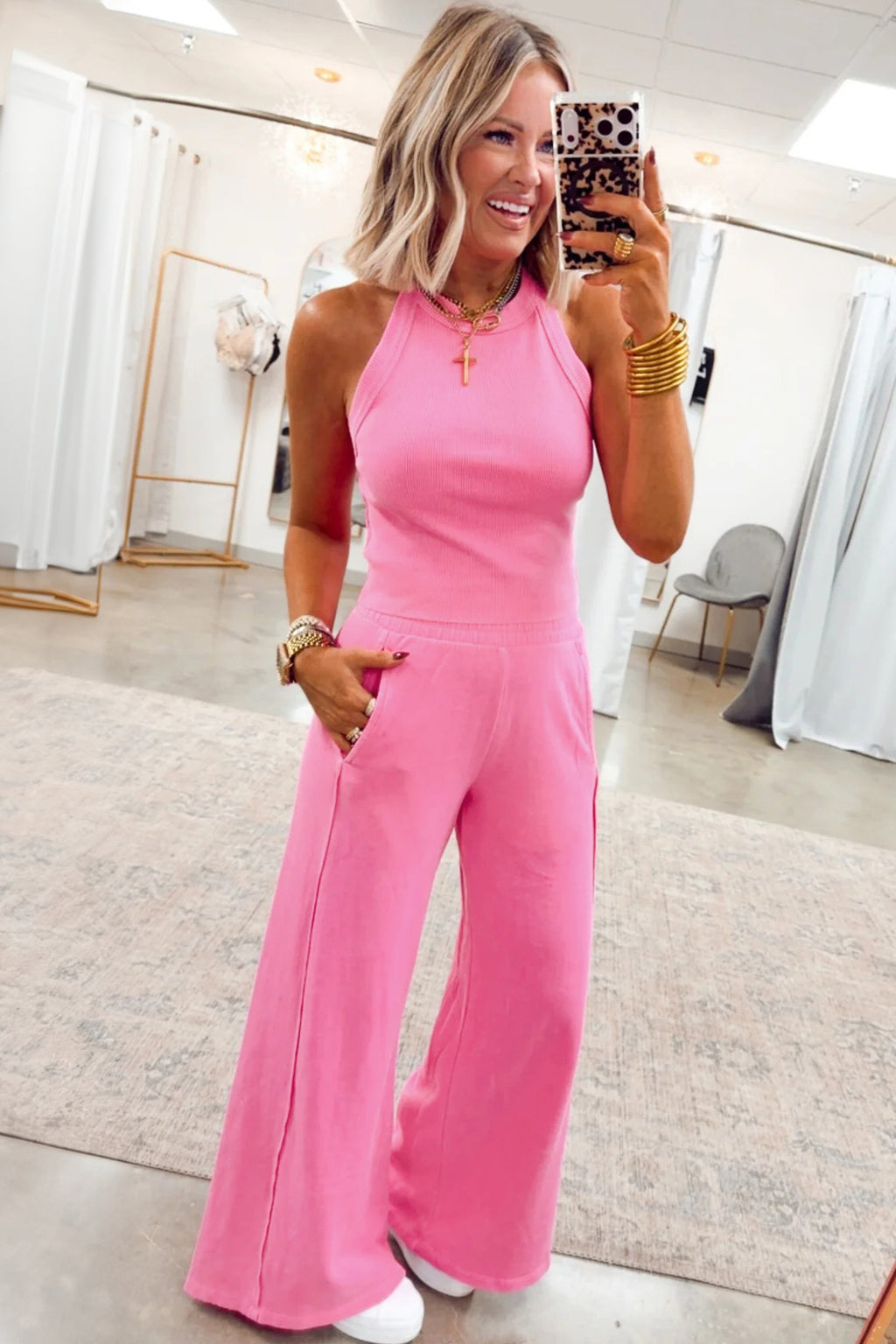 Elastic Sachet Pink Ribbed Tank Top and Sweatpants Set