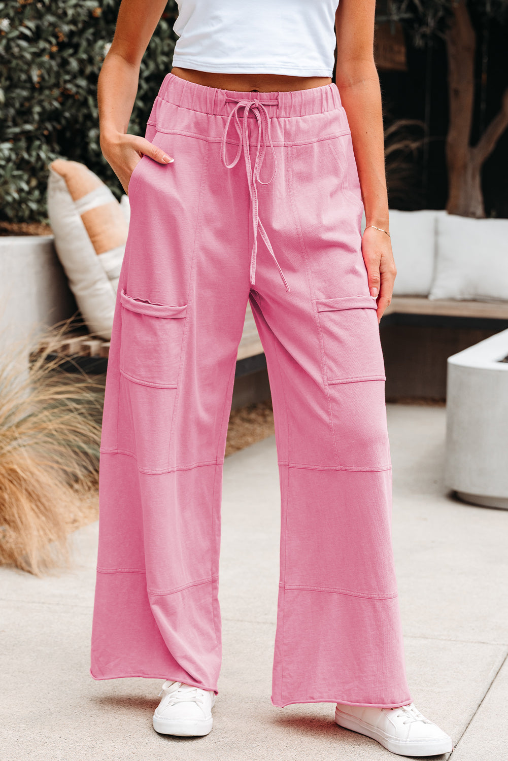 100% Cotton Bonbon Exposed Seam Drawstring Elastic Wide Leg Pants