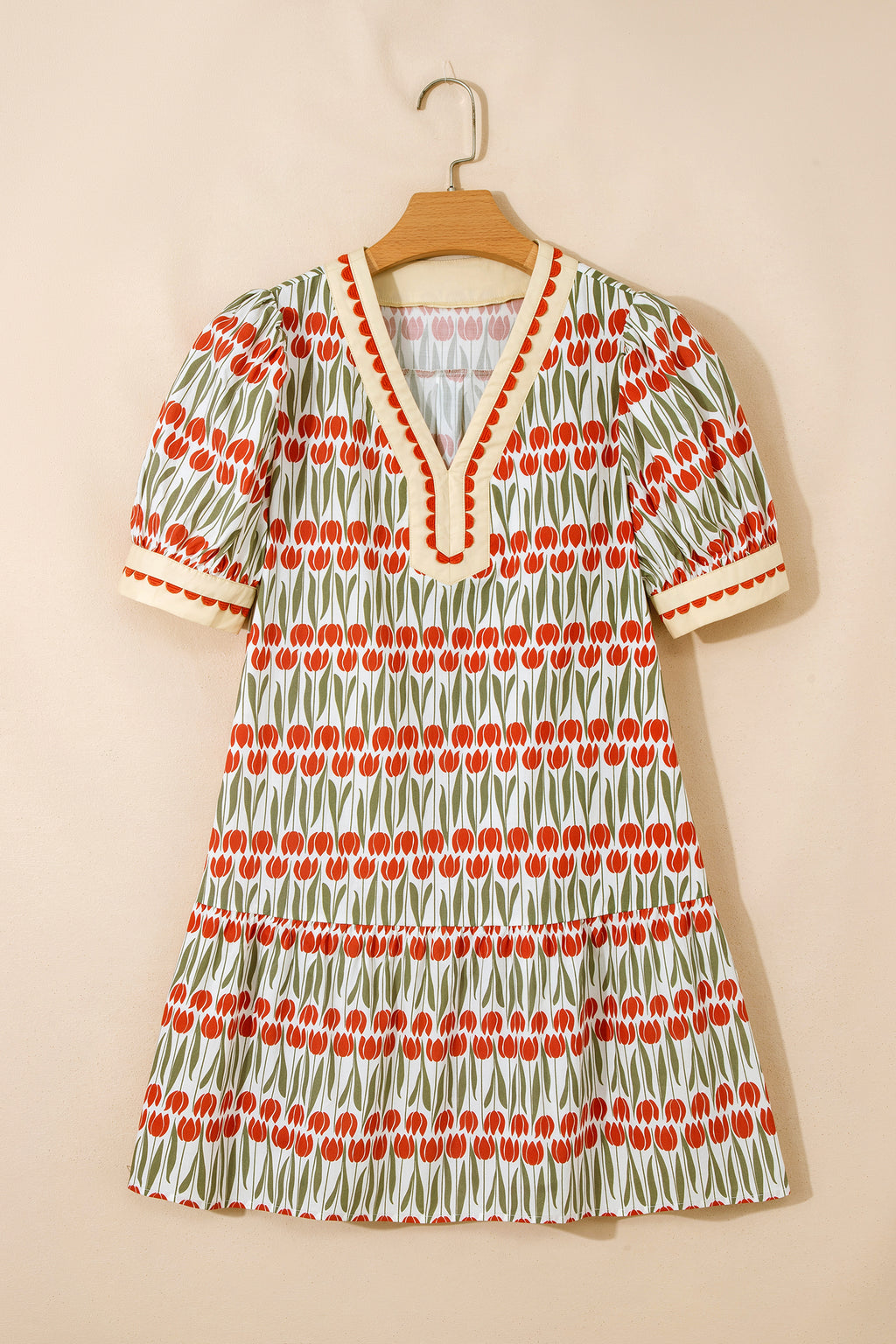 100% Cotton White Tulip Floral Print Puff Sleeve Mini Dress