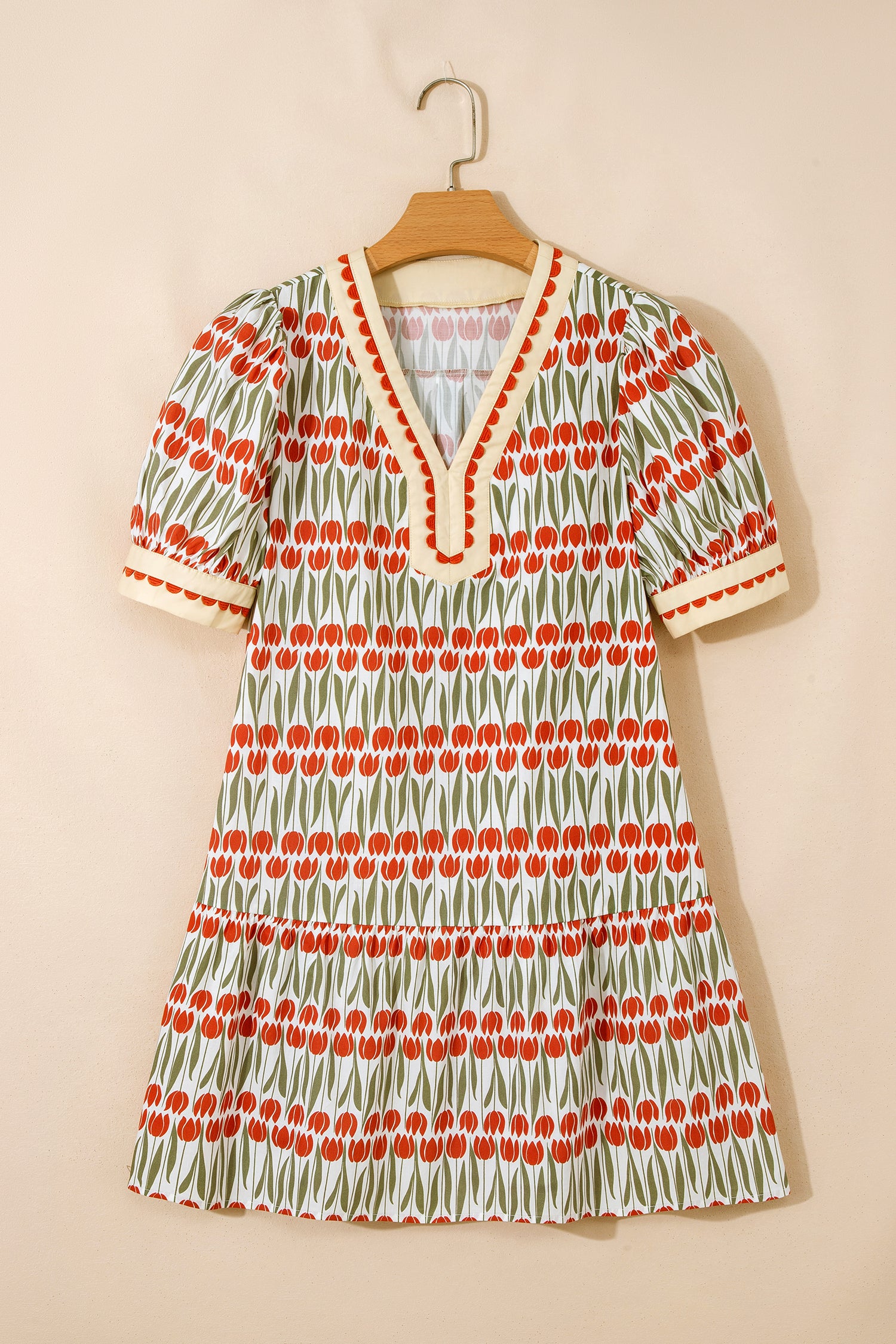 100% Cotton White Tulip Floral Print Puff Sleeve Mini Dress
