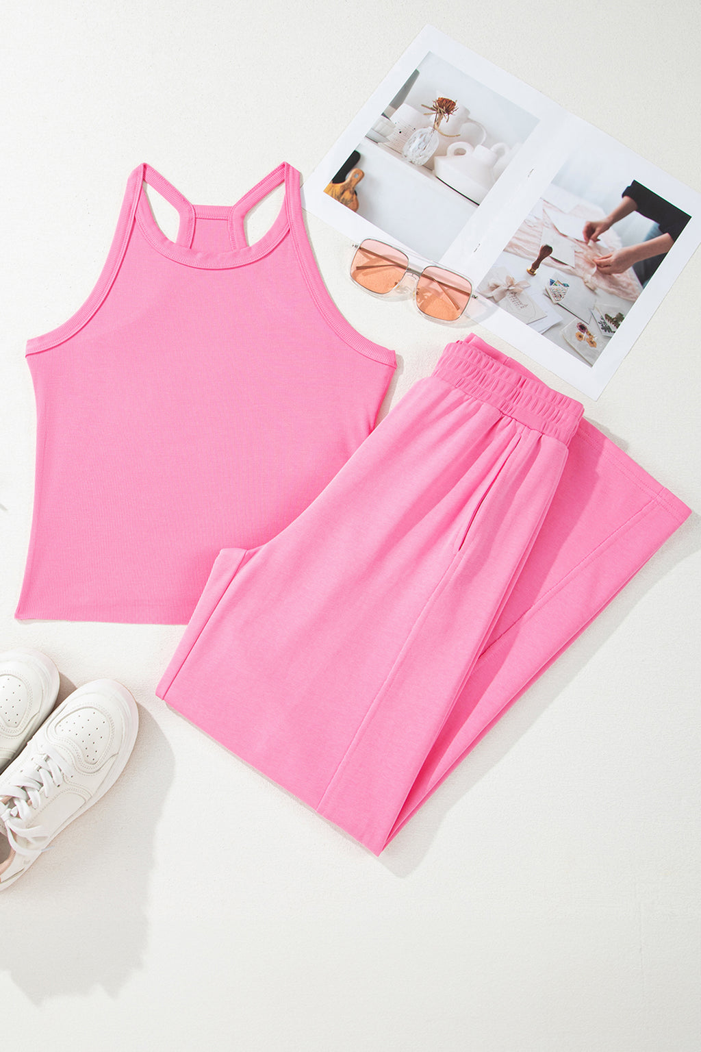 Elastic Sachet Pink Ribbed Tank Top and Sweatpants Set