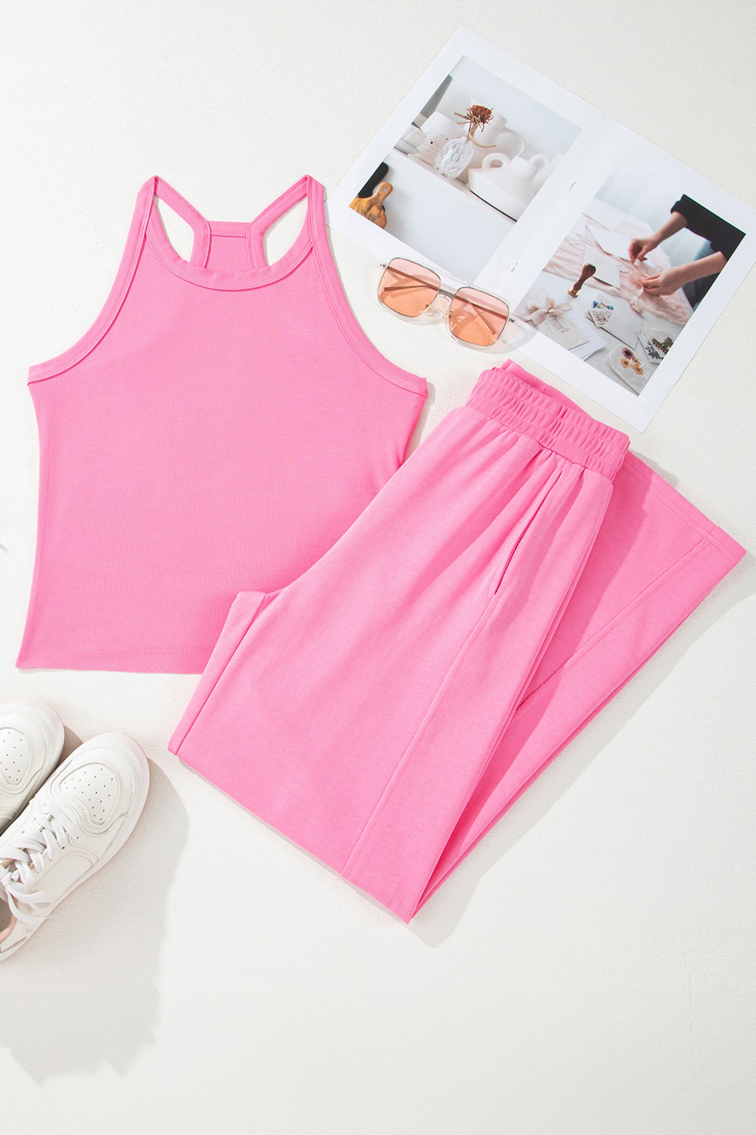Elastic Sachet Pink Ribbed Tank Top and Sweatpants Set