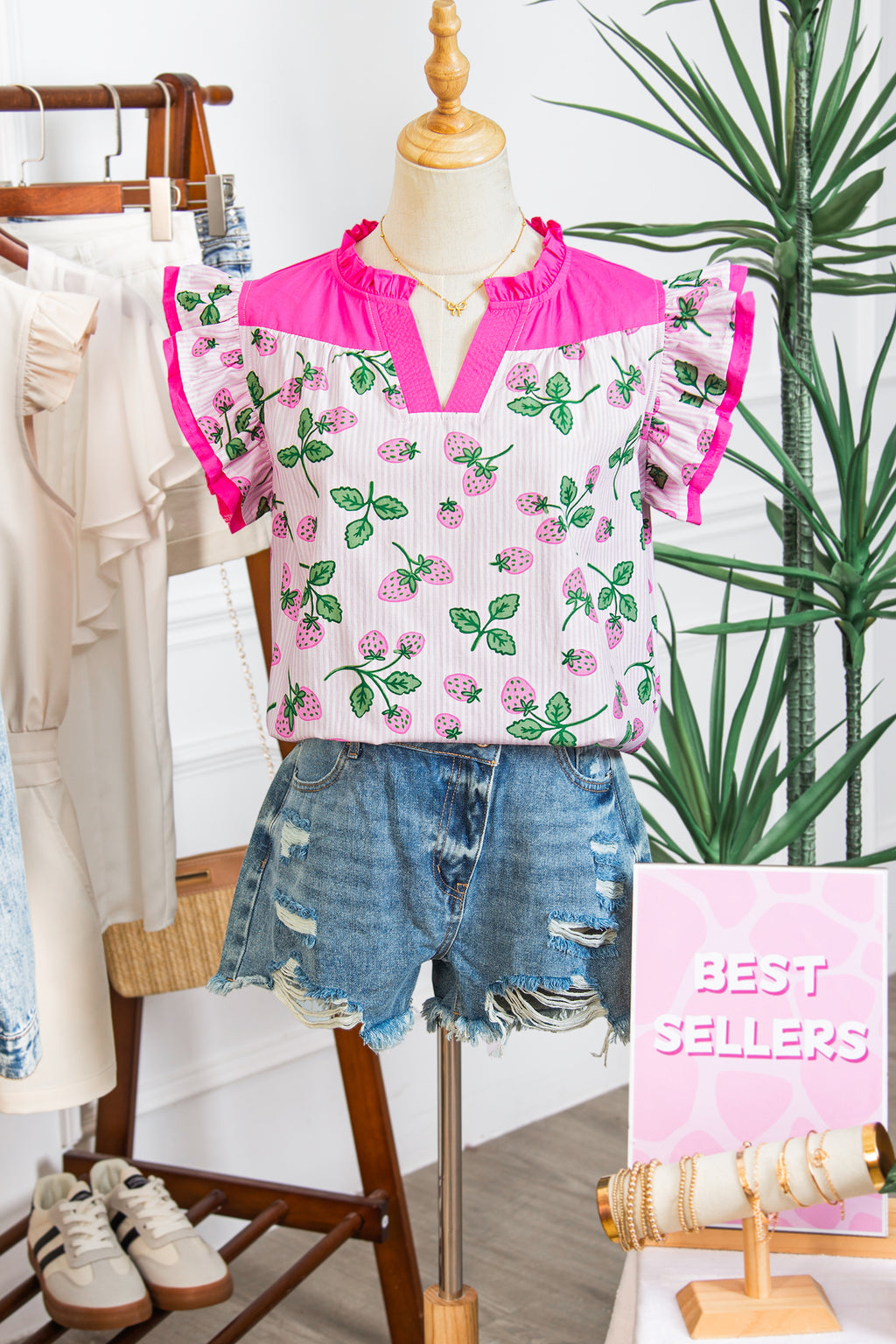 Cotton Blend Pink Striped Strawberry Printed Color Block Patchwork V Neck Flutter Sleeve Blouse
