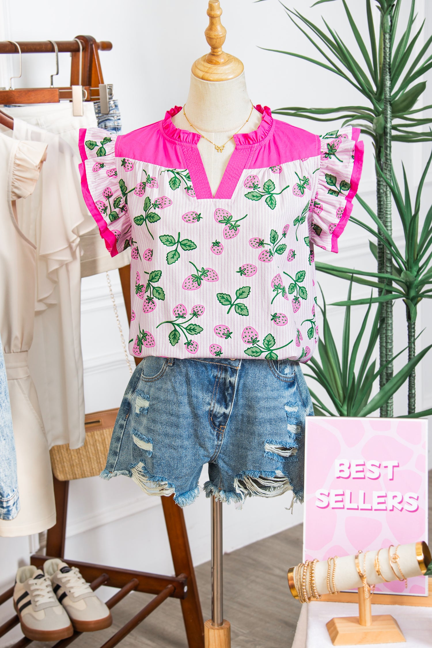 Cotton Blend Pink Striped Strawberry Printed Color Block Patchwork V Neck Flutter Sleeve Blouse