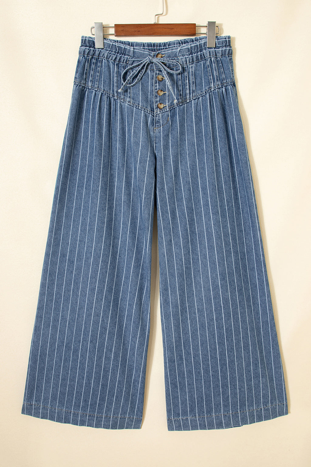 Mostly Cotton Sky Blue Stripe Button Pleated Drawstring Wide Leg Jeans