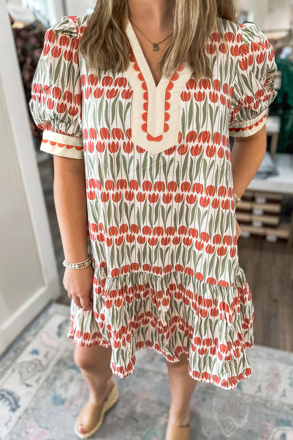 100% Cotton White Tulip Floral Print Puff Sleeve Mini Dress