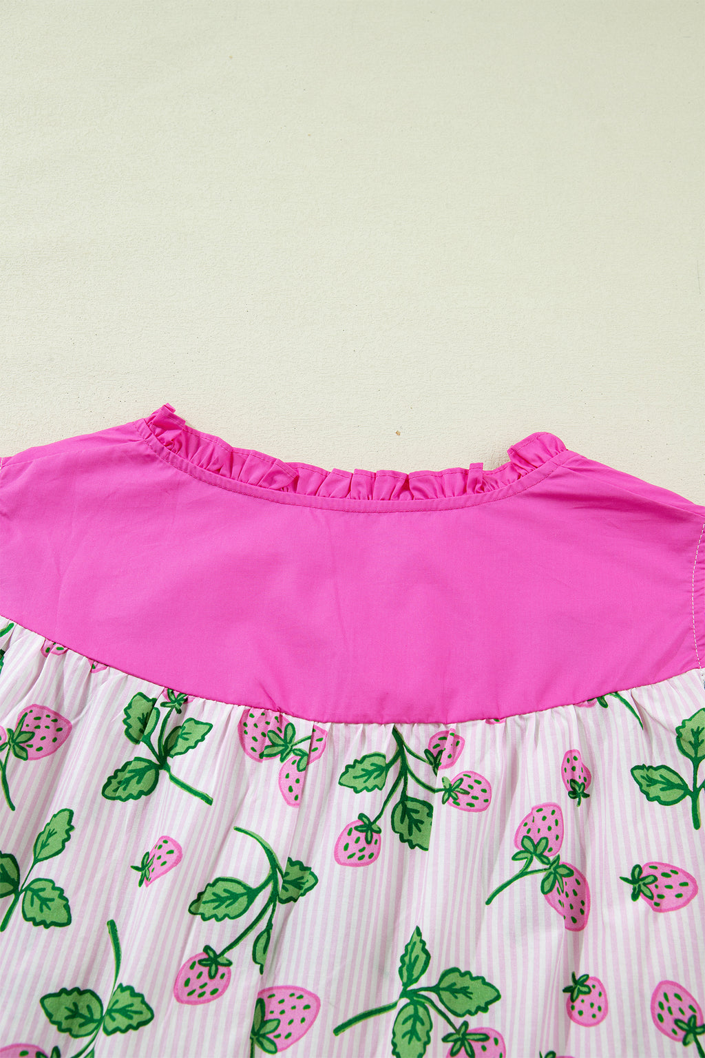 Cotton Blend Pink Striped Strawberry Printed Color Block Patchwork V Neck Flutter Sleeve Blouse