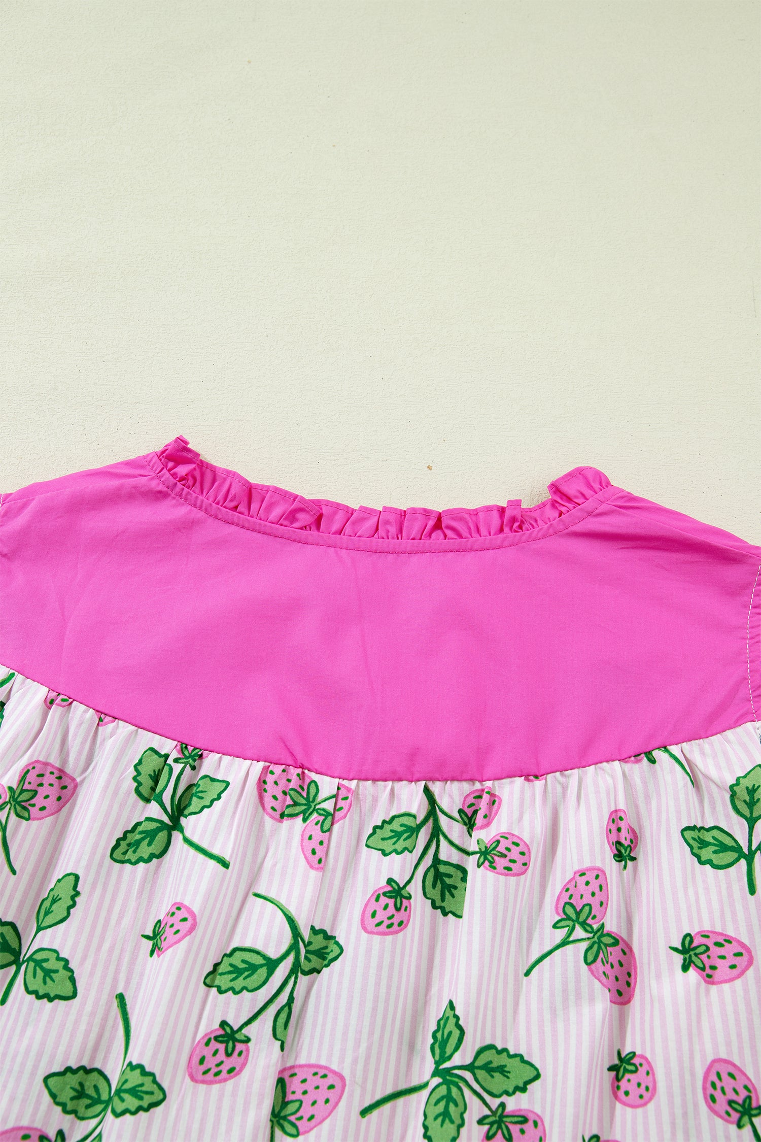 Cotton Blend Pink Striped Strawberry Printed Color Block Patchwork V Neck Flutter Sleeve Blouse