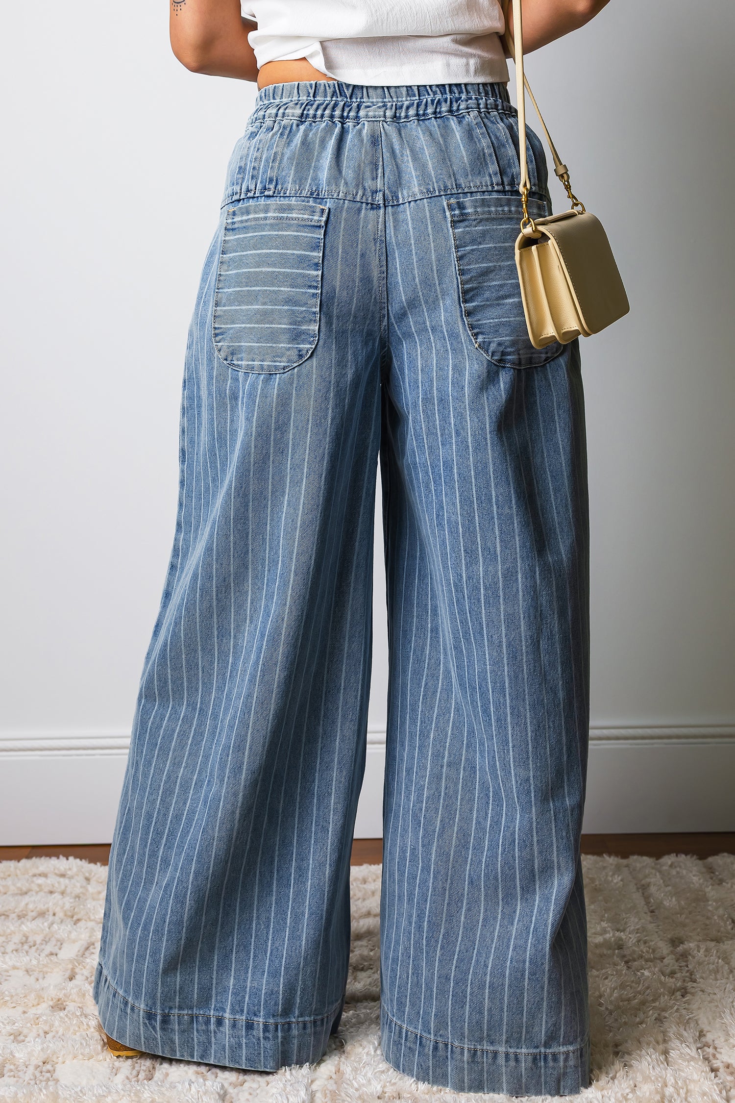 Mostly Cotton Sky Blue Stripe Button Pleated Drawstring Wide Leg Jeans