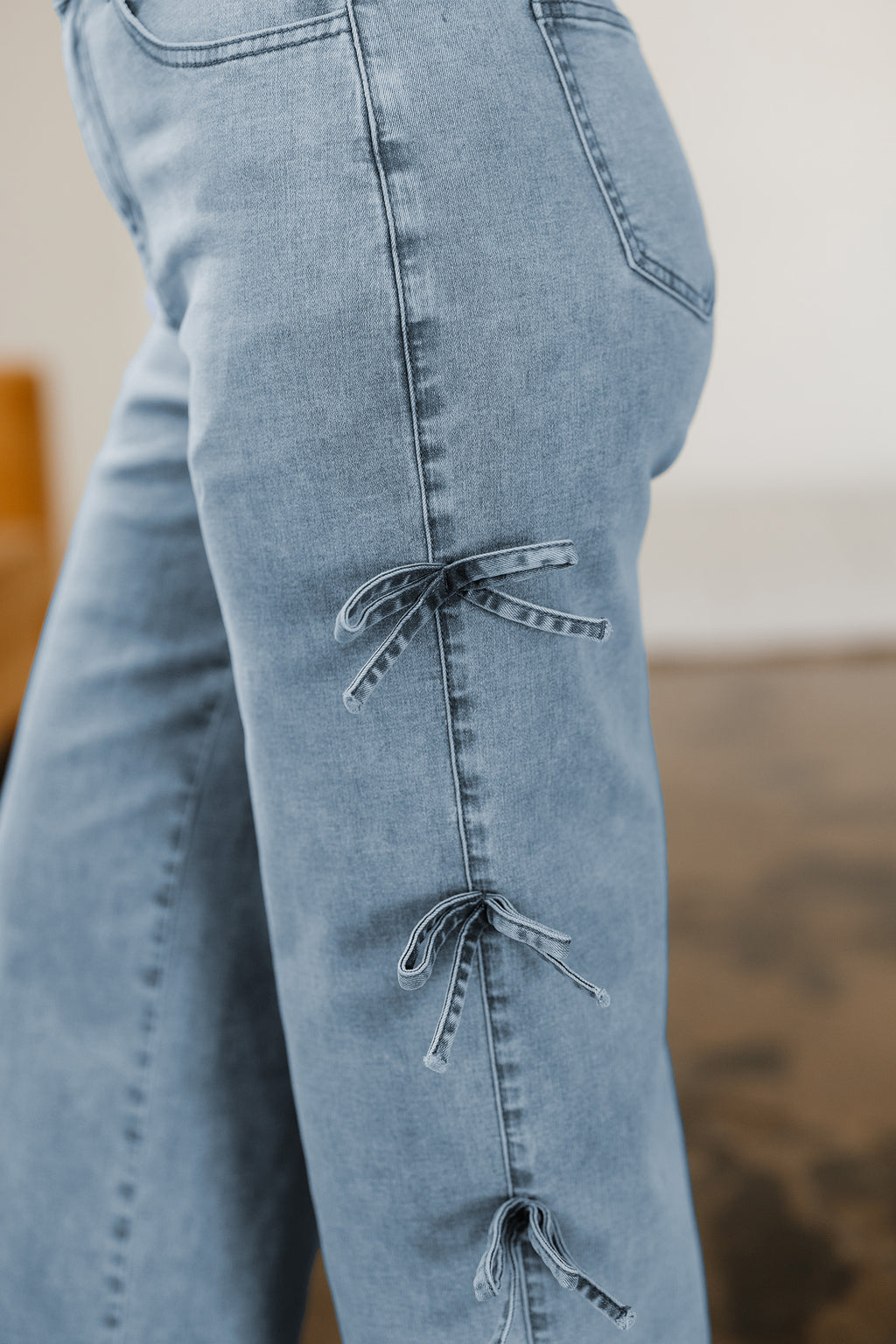 98% Cotton Beau Blue Bow Knot Side Detail Straight Leg Loose Jeans