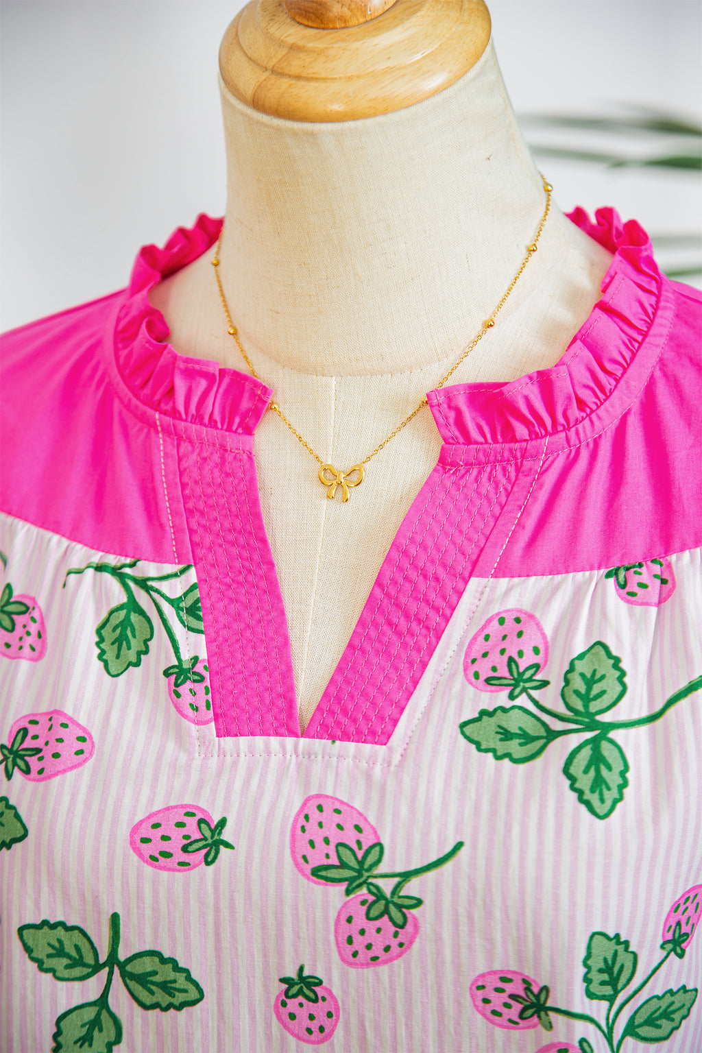 Cotton Blend Pink Striped Strawberry Printed Color Block Patchwork V Neck Flutter Sleeve Blouse