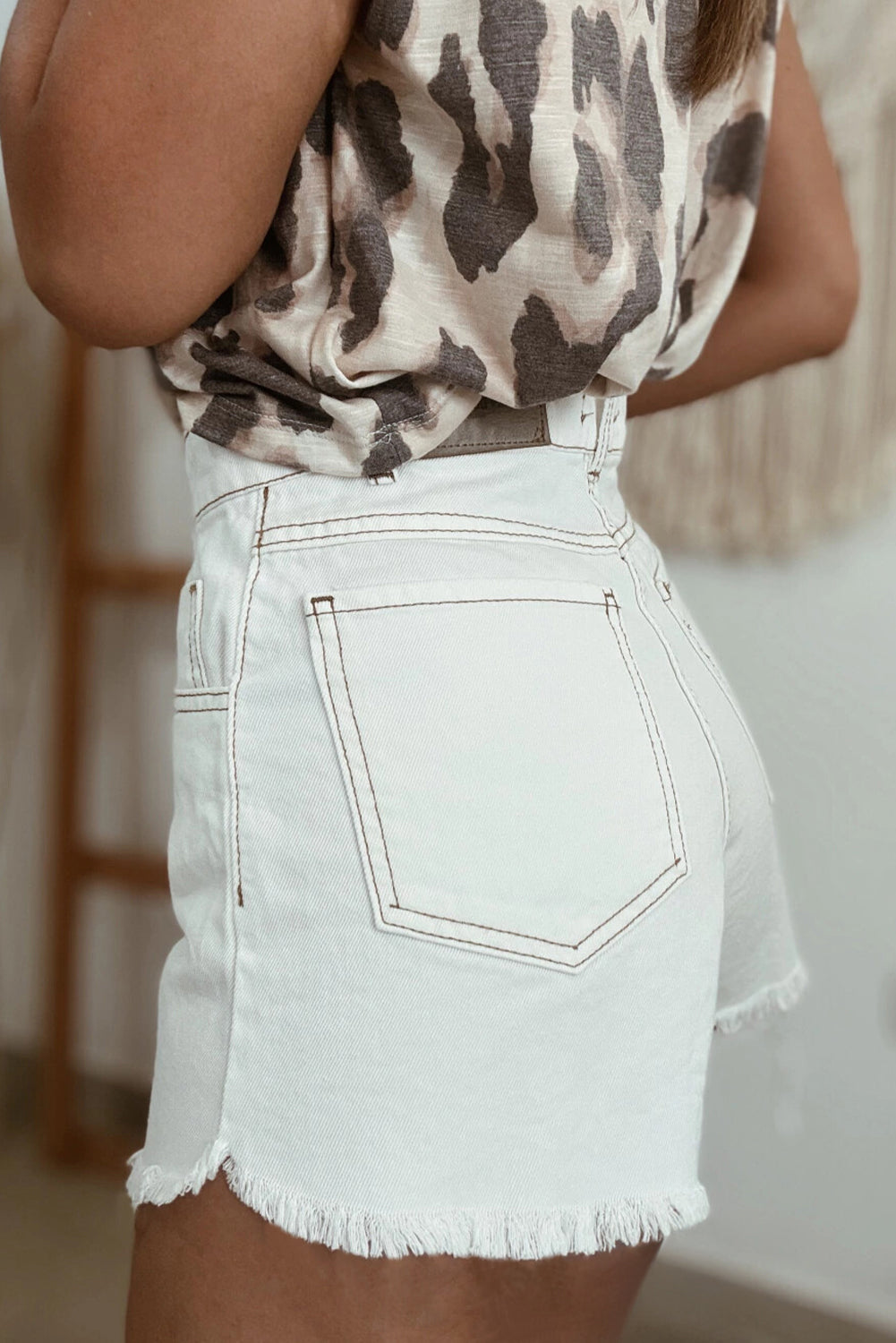 98% Cotton White Raw Hem High Waist Denim Shorts