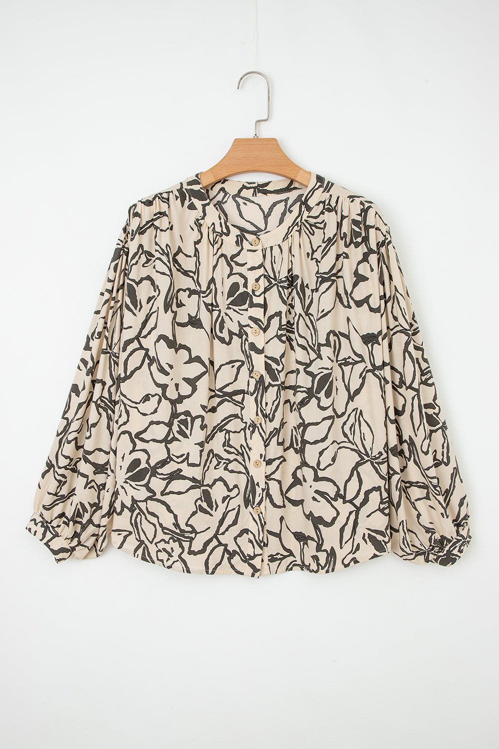 Gray Floral Print Batwing Sleeve Buttoned Loose Fit Shirt