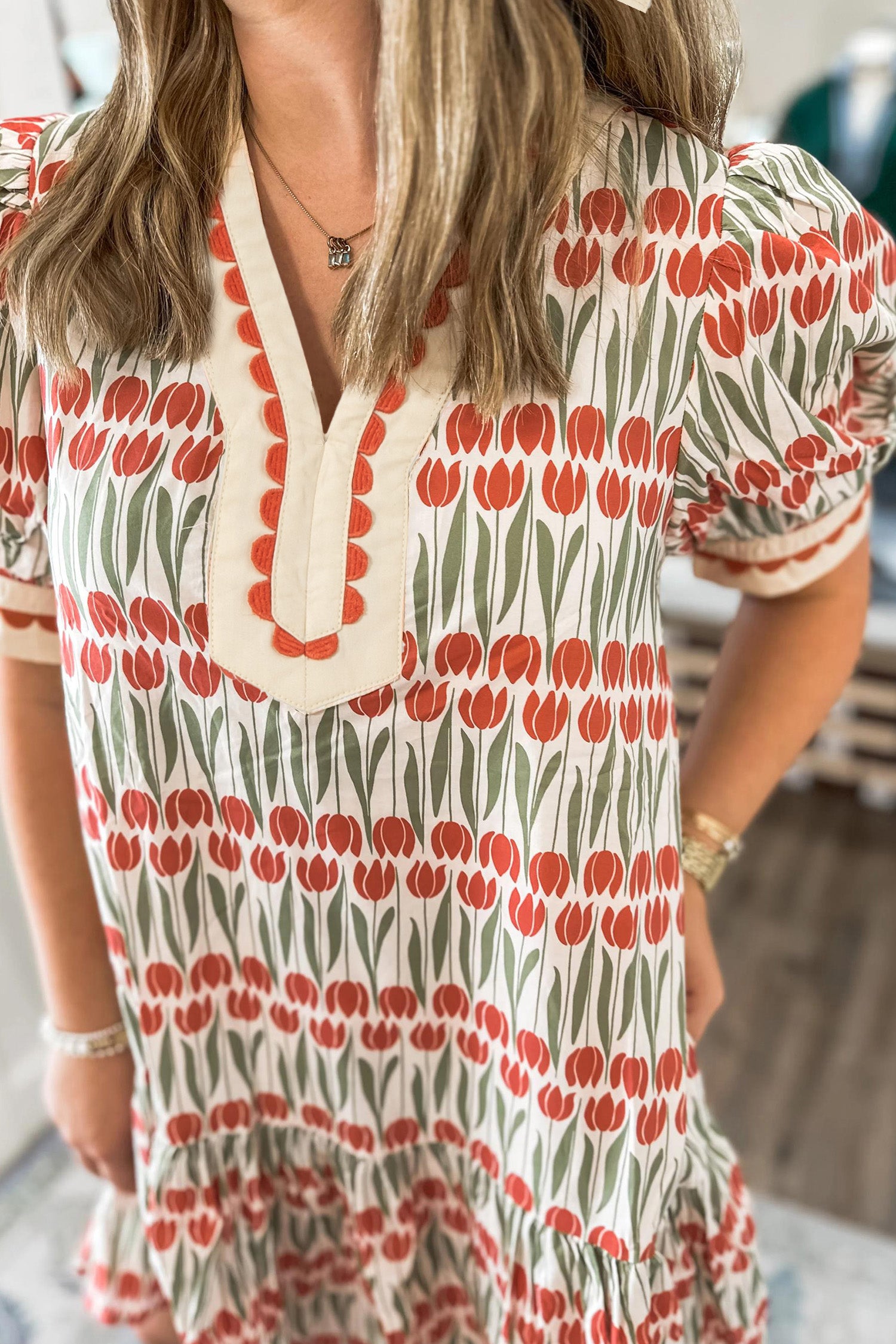 100% Cotton White Tulip Floral Print Puff Sleeve Mini Dress