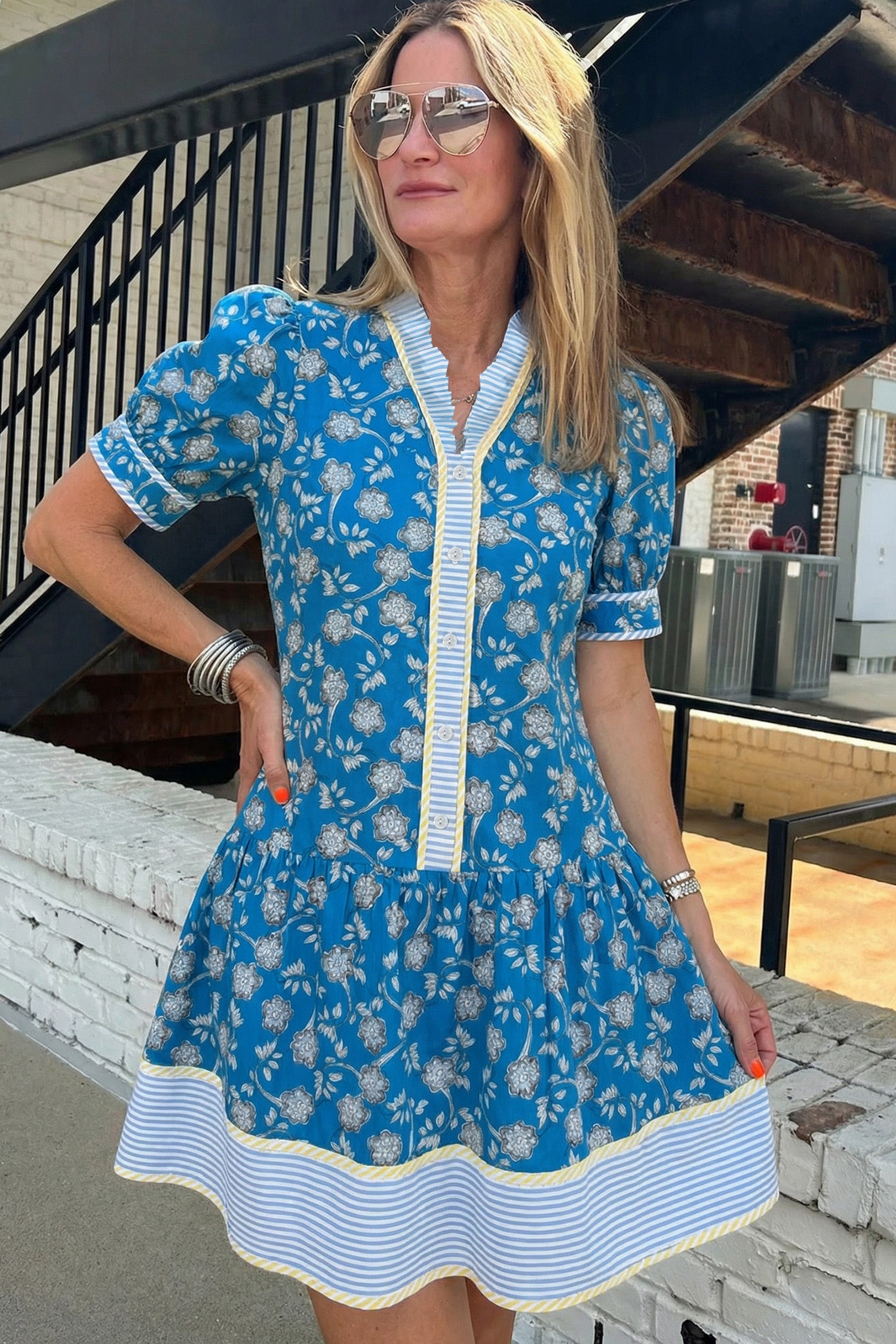 100% Cotton Blue Striped Trim Half Buttons Short Sleeve Floral Dress